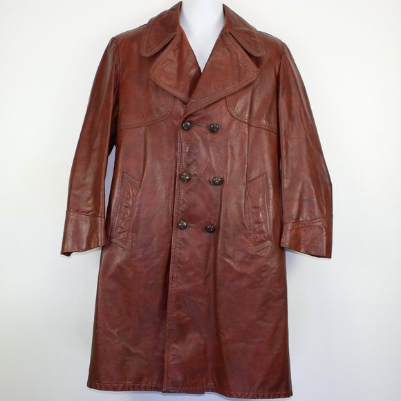 Vintage 70s Mens Sears Long Leather Red Coat Winter Lining (L-40) - Picture 1 of 12